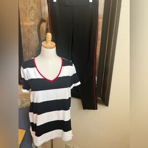 Lauren Ralph Lauren Black White Striped Short Sleeve V Neck Top Size XL
